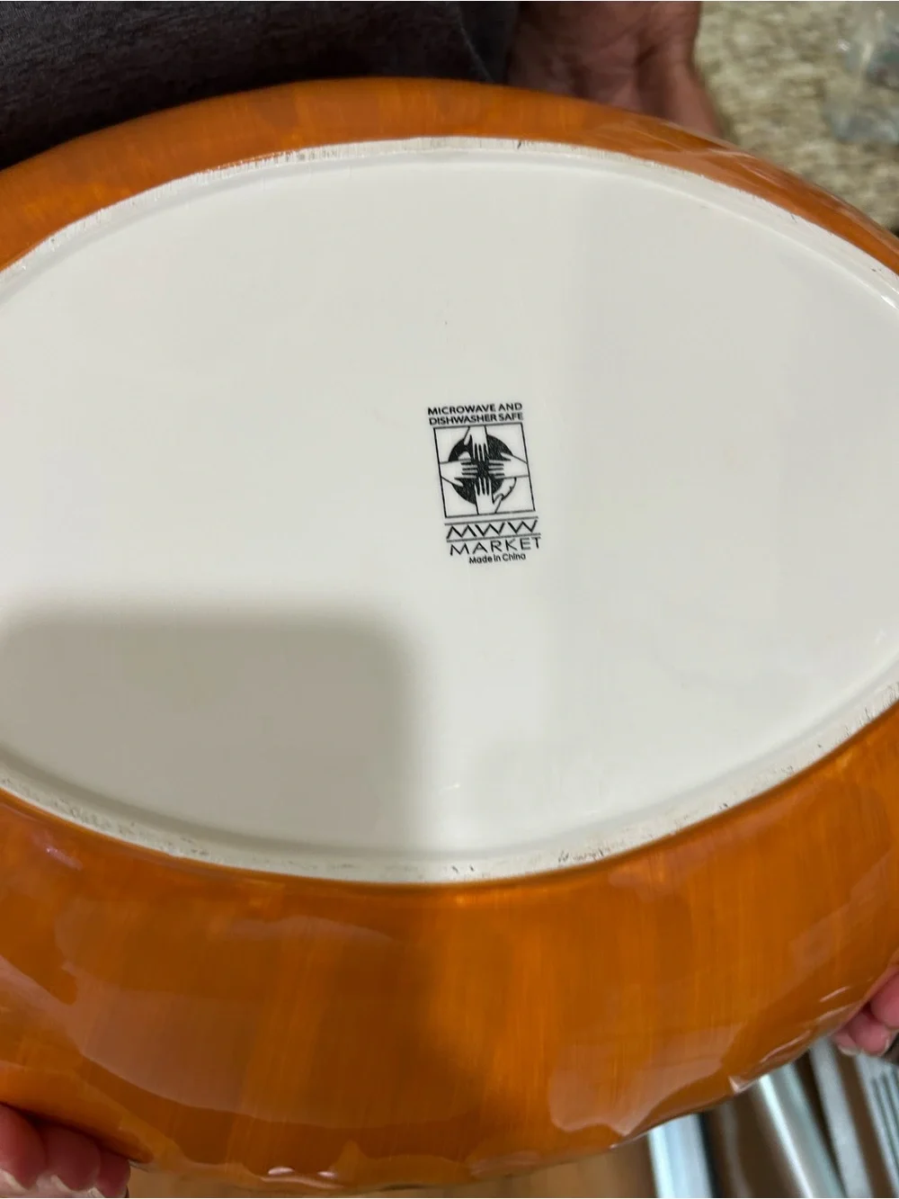 MWW market Orange Serving Bowl with Purple Olive Motif